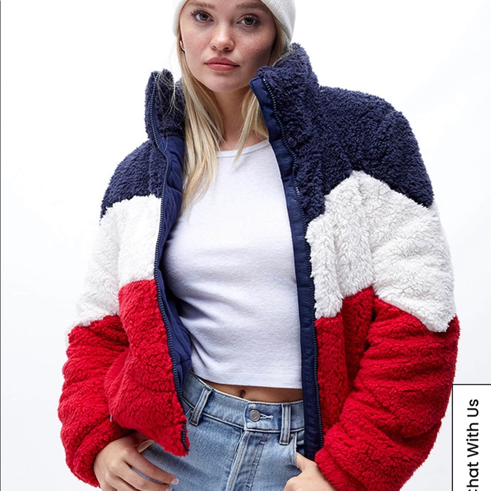 NWT Tommy Hilfiger
Sport Chevron Color Block Faux Sherpa Puffer Statement Jacket